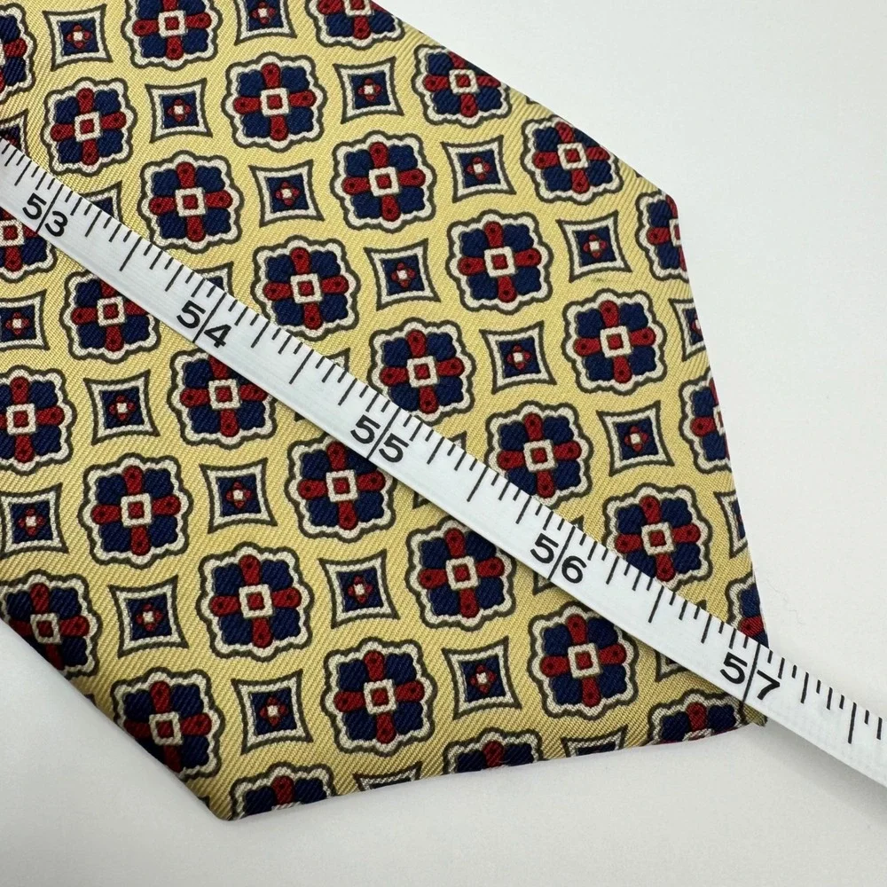 Lands End Mens Silk Tie Yellow Red‎ Navy Blue Geometric Medallion USA Necktie